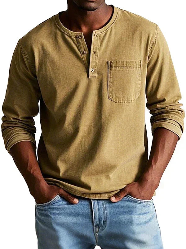 Classic Long-Sleeve Henley Shirt with Chest Pocket