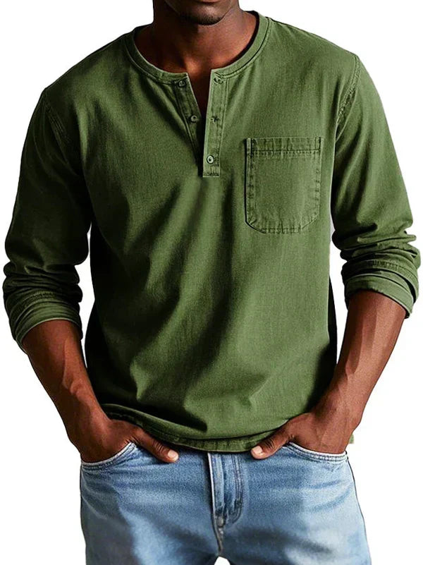 Classic Long-Sleeve Henley Shirt with Chest Pocket