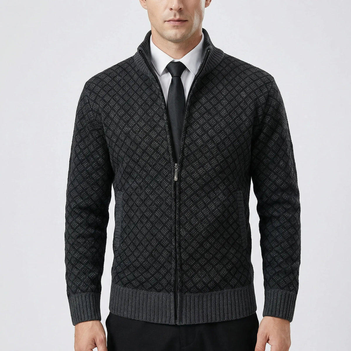 Men's High-Collar Zip-Up Knit Cardigan