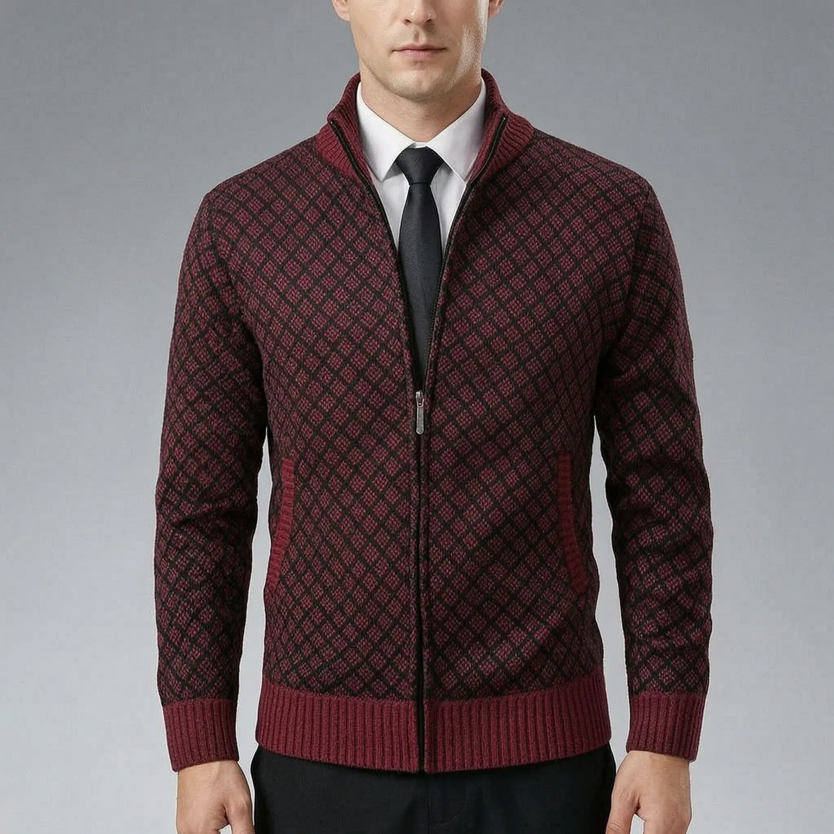 Men's High-Collar Zip-Up Knit Cardigan