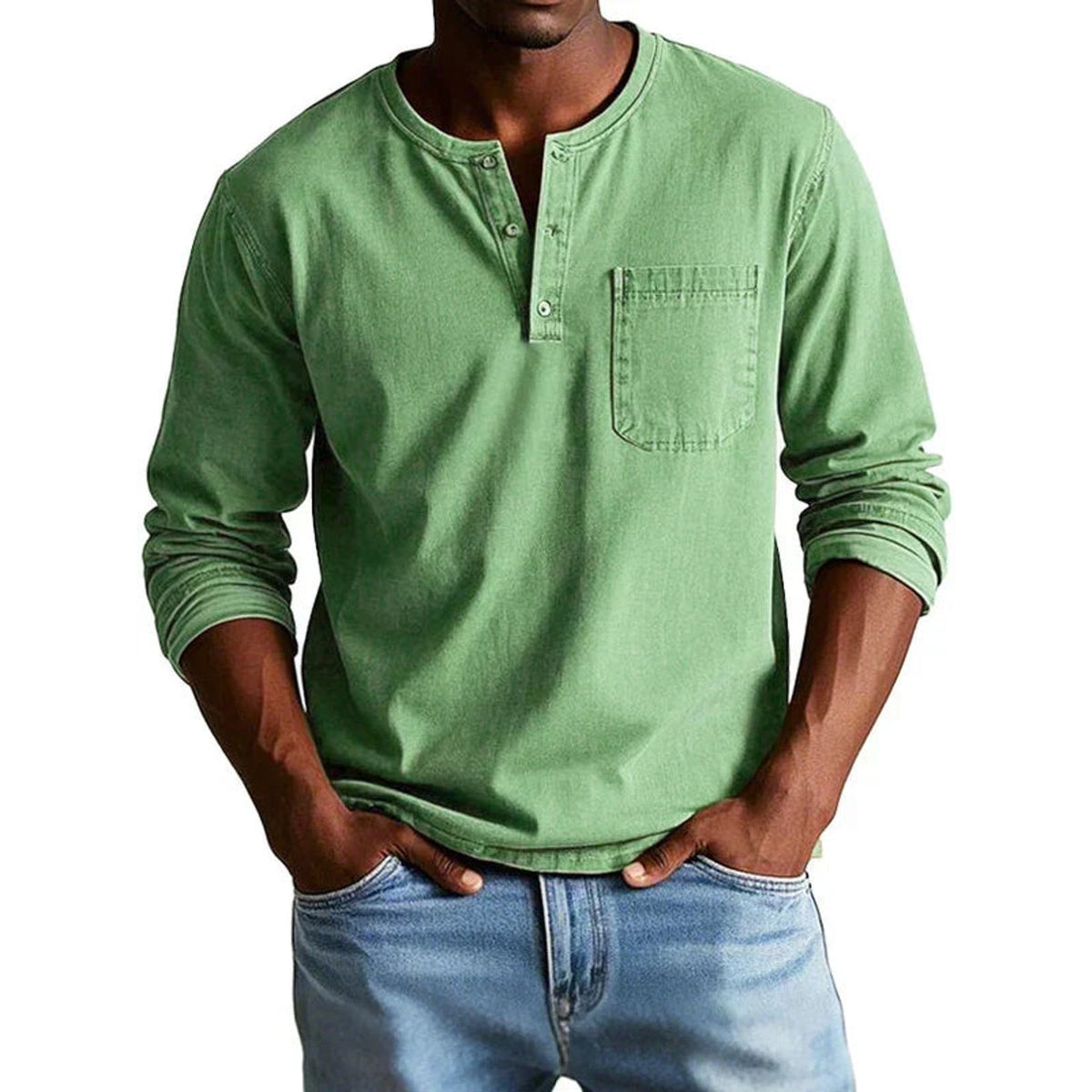 Classic Long-Sleeve Henley Shirt with Chest Pocket