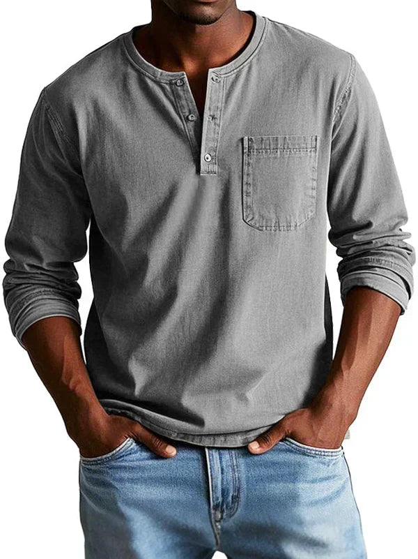 Classic Long-Sleeve Henley Shirt with Chest Pocket