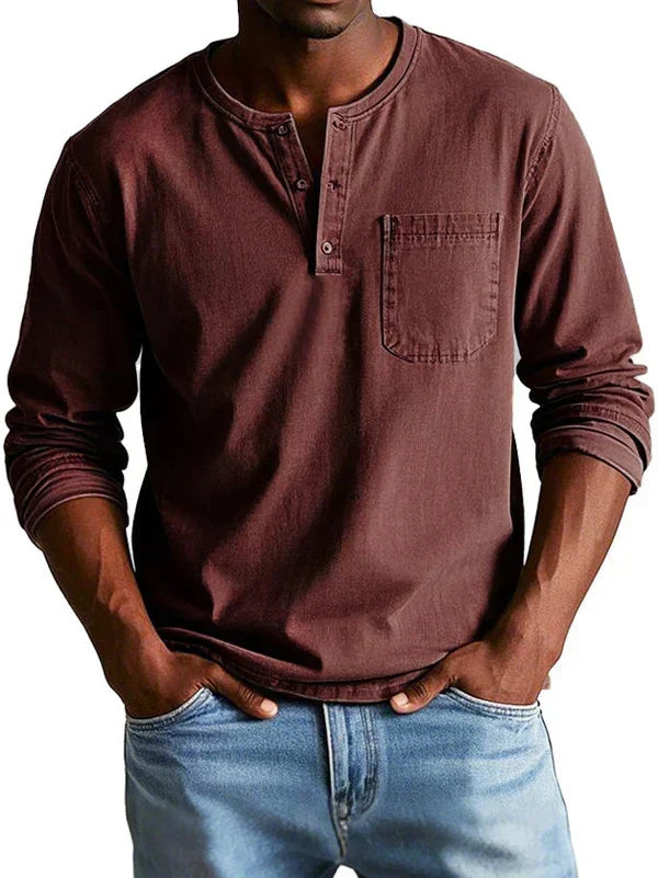 Classic Long-Sleeve Henley Shirt with Chest Pocket