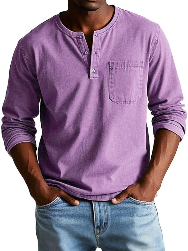 Classic Long-Sleeve Henley Shirt with Chest Pocket