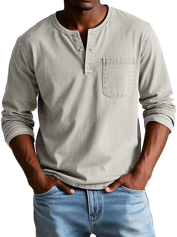Classic Long-Sleeve Henley Shirt with Chest Pocket