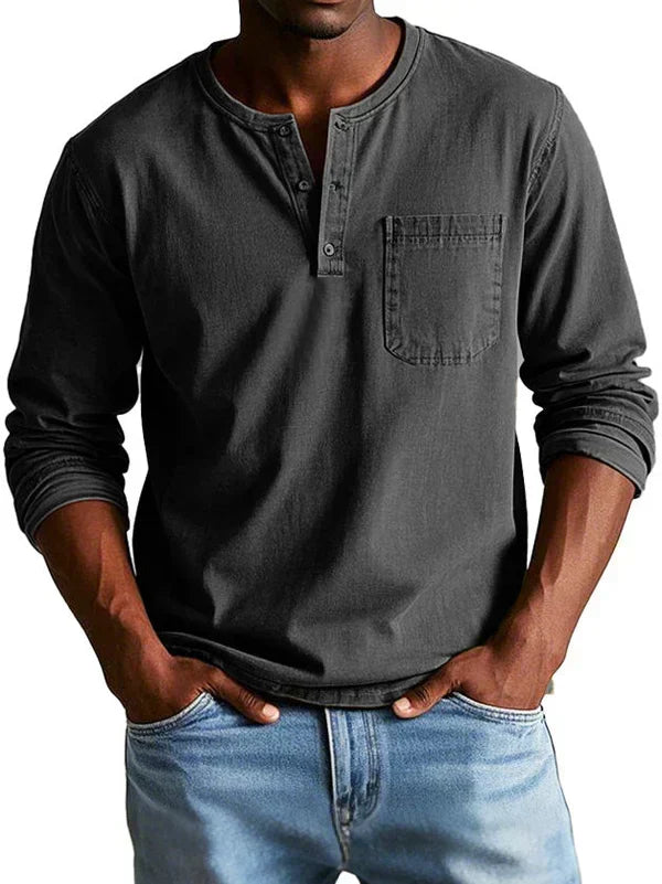 Classic Long-Sleeve Henley Shirt with Chest Pocket