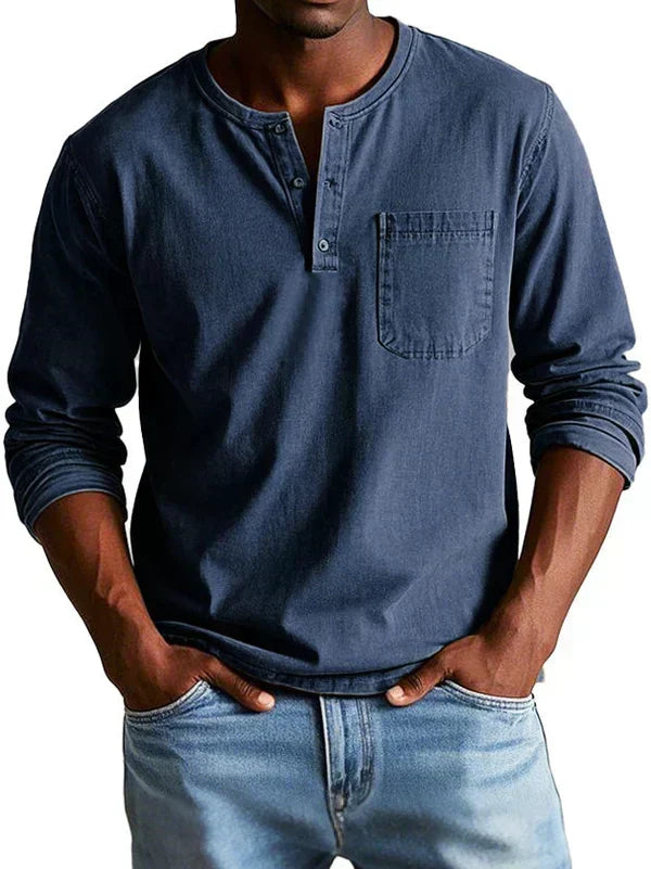 Classic Long-Sleeve Henley Shirt with Chest Pocket