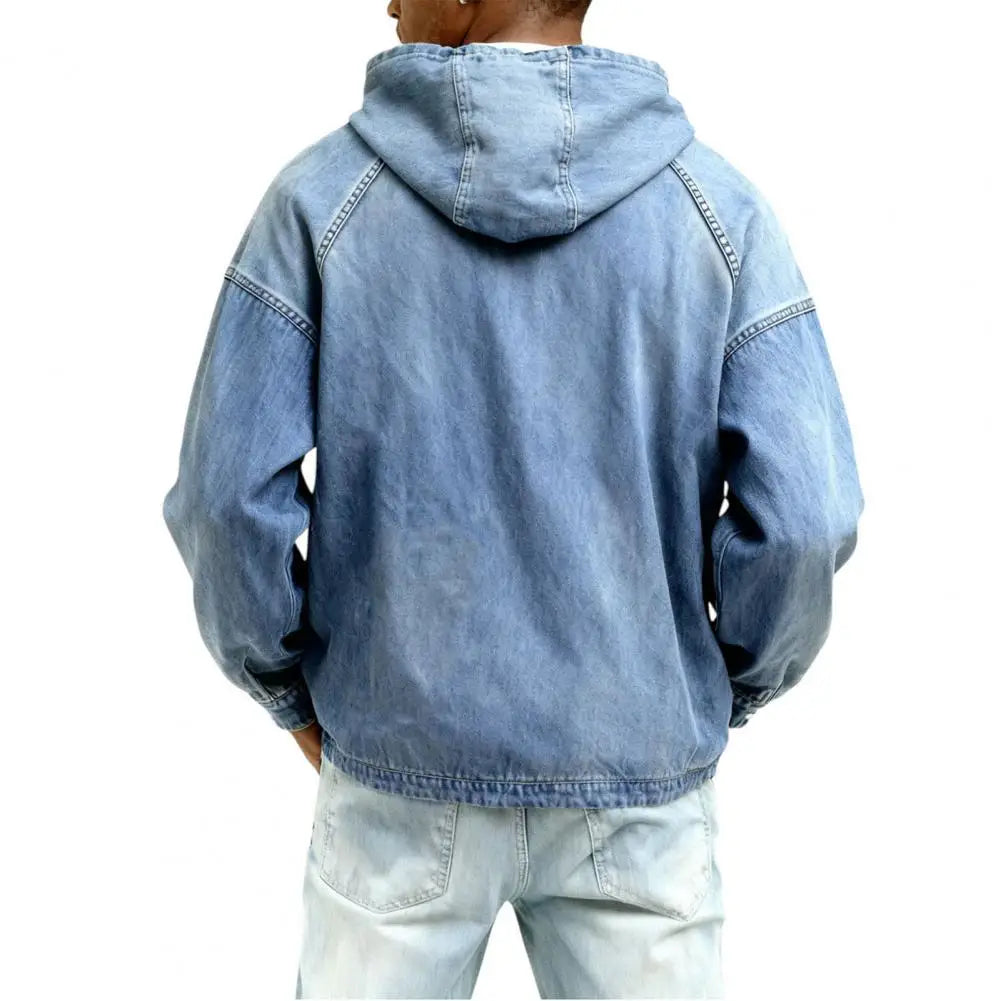 Washed Denim Long-Sleeve Hooded Shirt