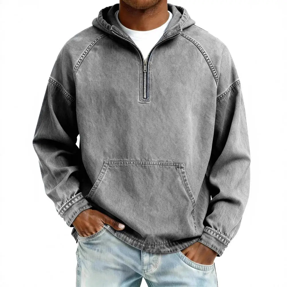 Washed Denim Long-Sleeve Hooded Shirt