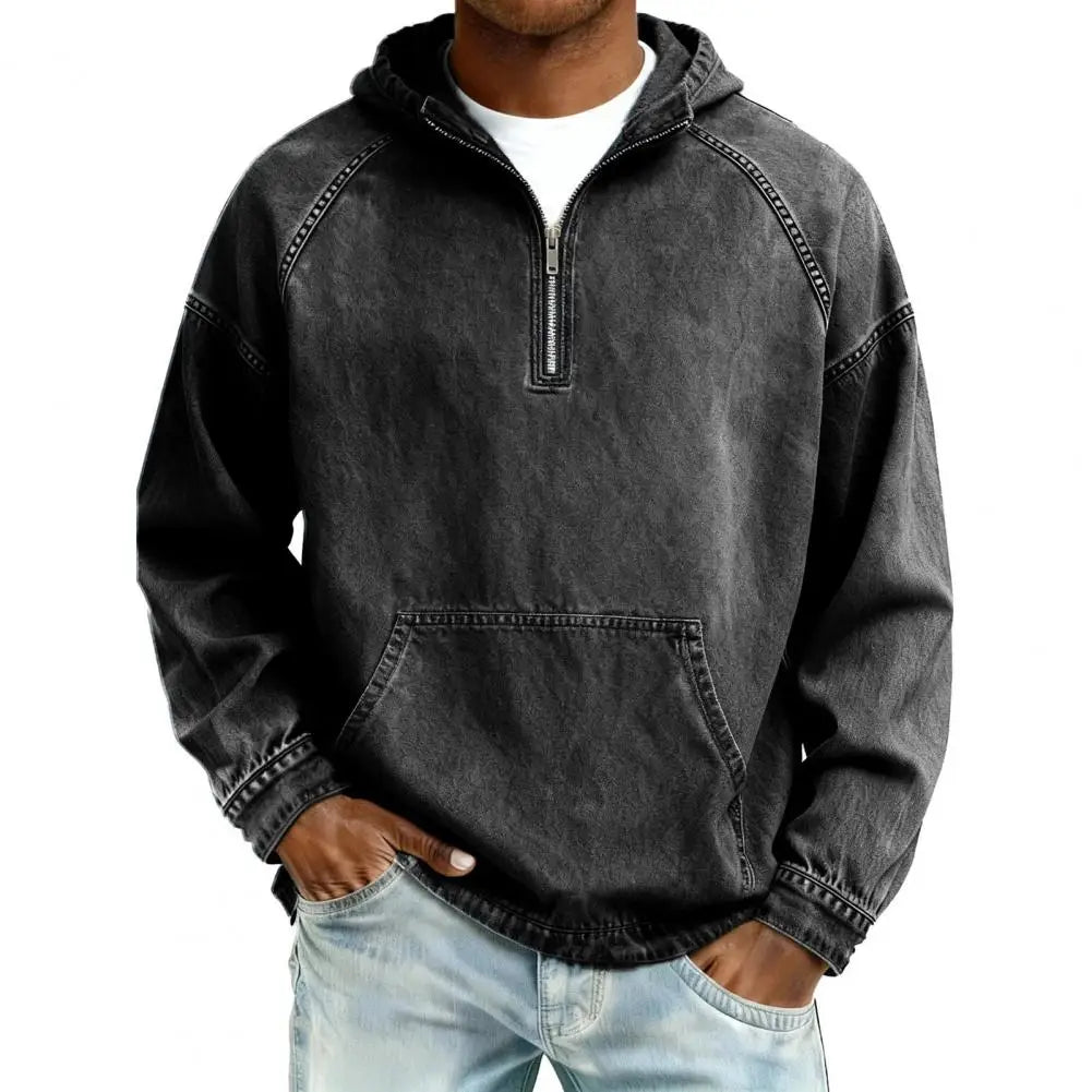 Washed Denim Long-Sleeve Hooded Shirt
