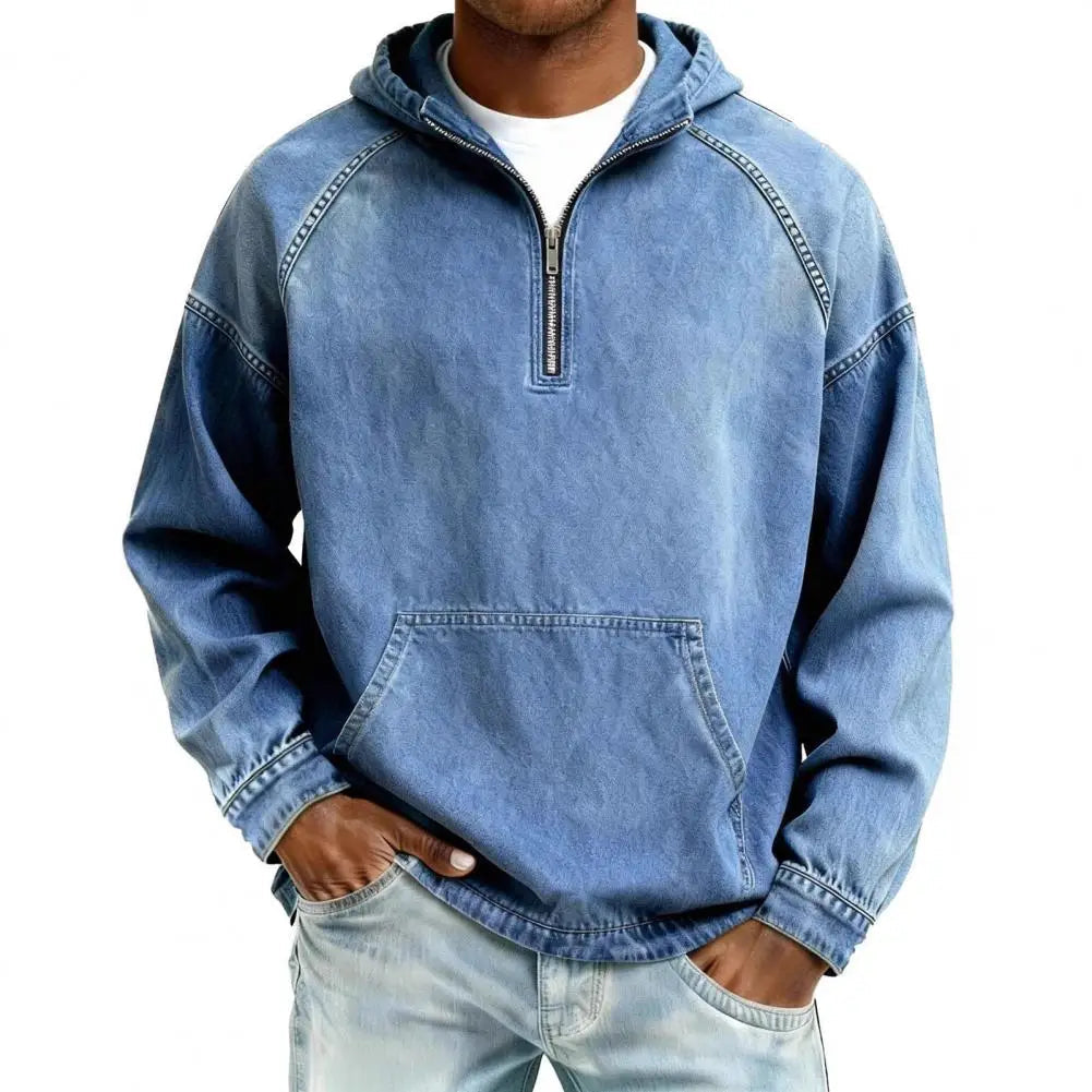 Washed Denim Long-Sleeve Hooded Shirt