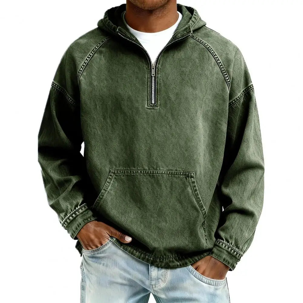 Washed Denim Long-Sleeve Hooded Shirt