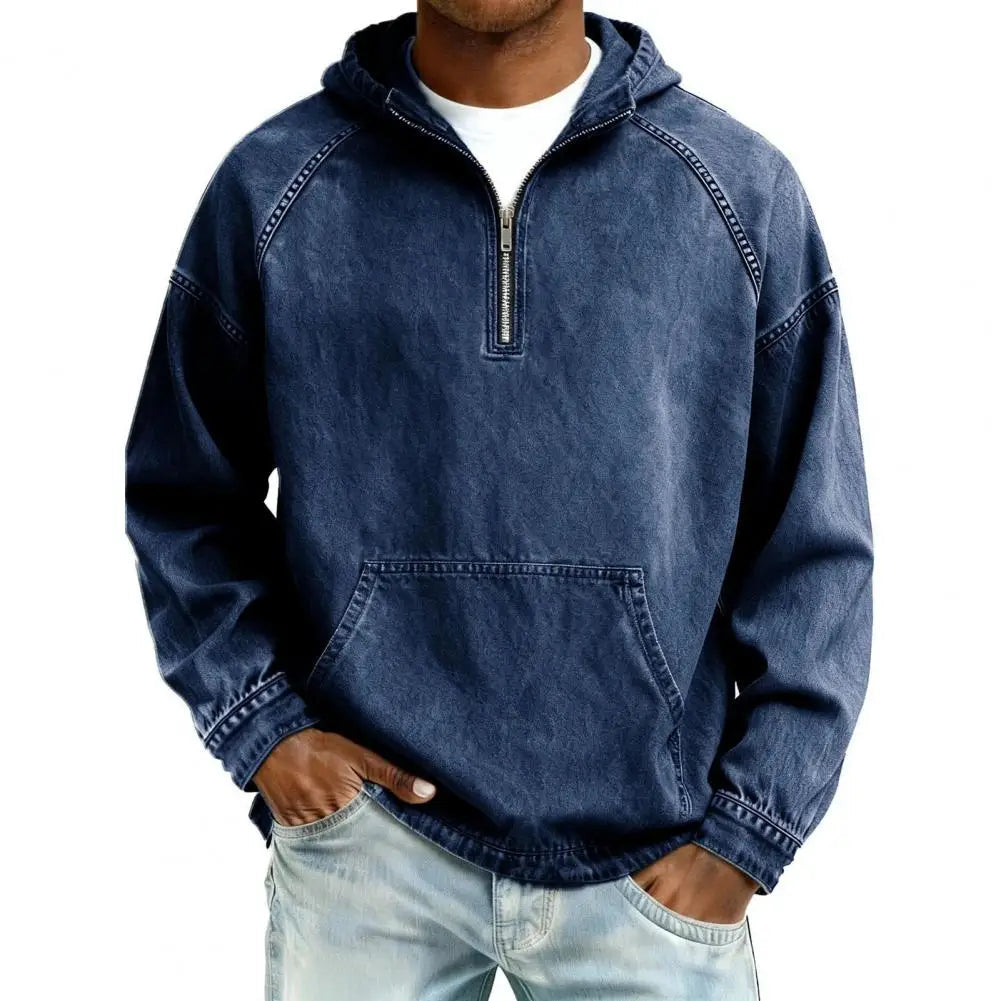Washed Denim Long-Sleeve Hooded Shirt