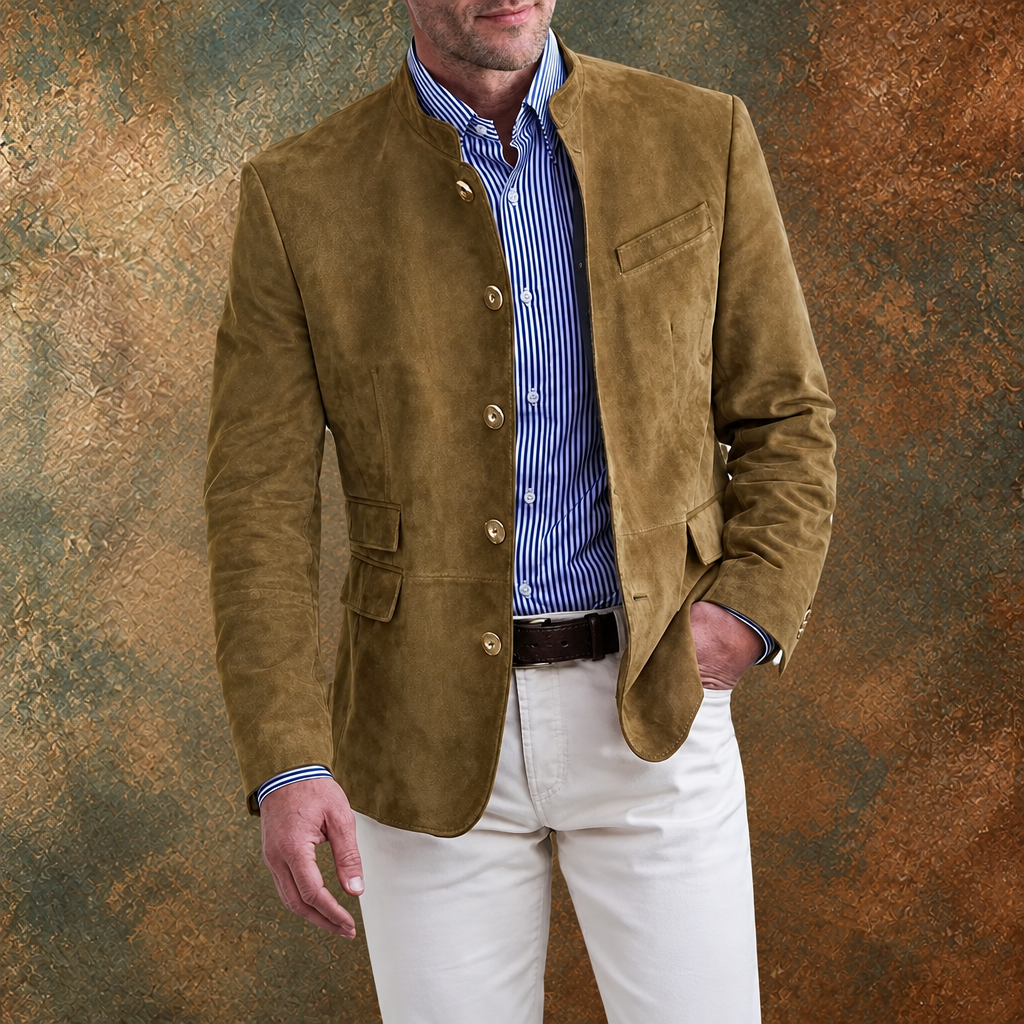 Chandail zippé à col montant pour homme avec col en cuir